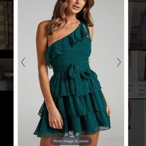 DARLING I AM A DAYDREAM ONE SHOULDER RUFFLE MINI DRESS IN EMERALD